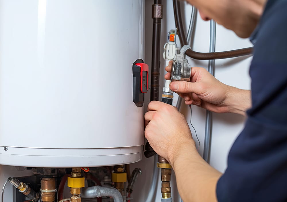 Technician repairing pipes connected to a water heater in Sun City Center
